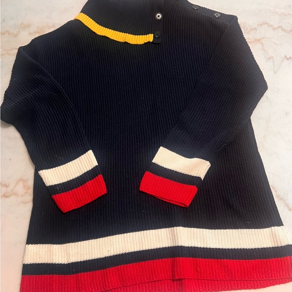 Talbots Button Cowl Neck Navy Blue Sweater  Yellow, Red & White stripes Size L - Picture 1 of 6
